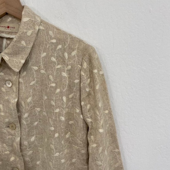Bernard Zins Women's 8 Khaki Metallic Floral Embroidered Linen Jacket Button up - Picture 3 of 9